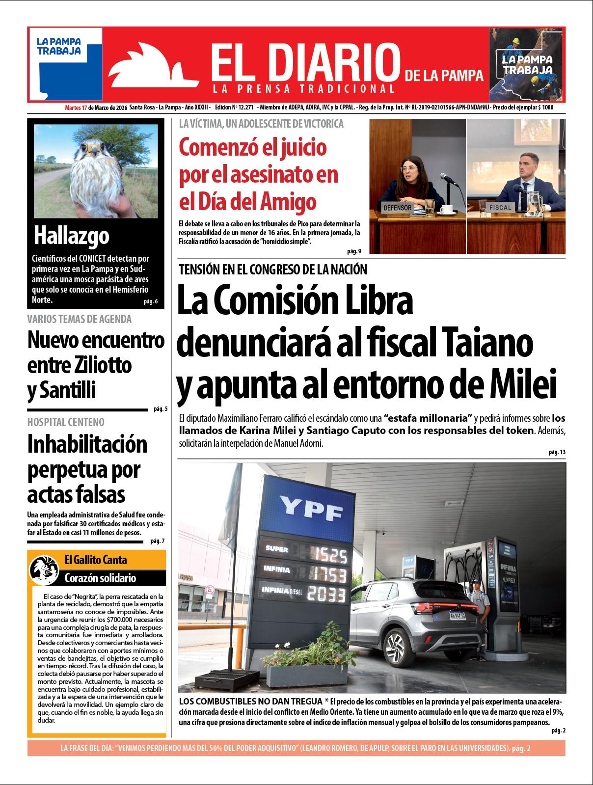 Tapa de El Diario en papel  martes 17 de marzo de 2026